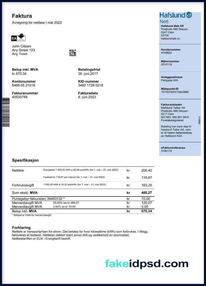 Utility bill [ Norway ] Hafslund